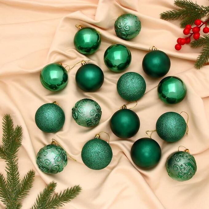 Зимнее волшебство Набор шаров пластик d-6 см, 16 шт &quot;Теона узоры&quot; зелёный