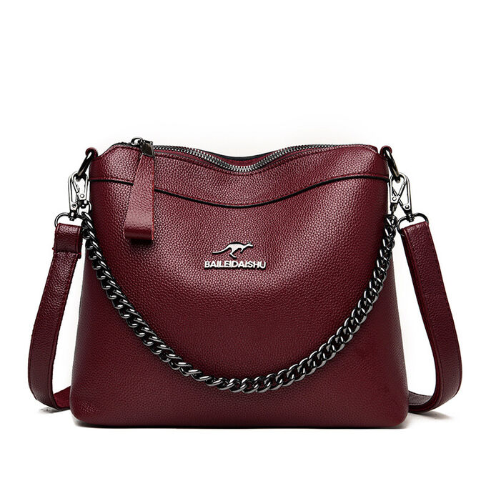 Женская сумка почтальонка из эко кожи с регулируемым ремешком и цепочкой, цвет темно-бордовый