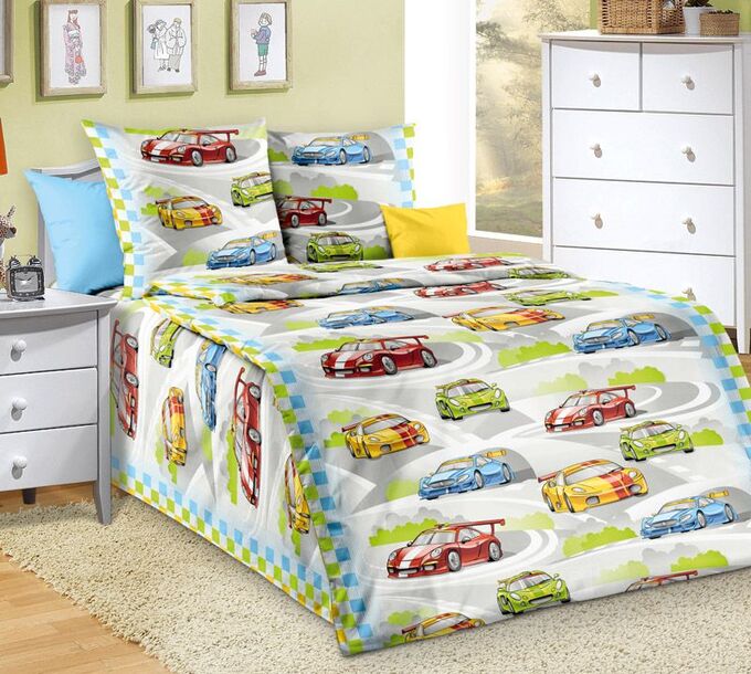 Комплект постельного белья 1,5-спальный, бязь &quot;Люкс&quot;, детская расцветка (Гонки, серый)