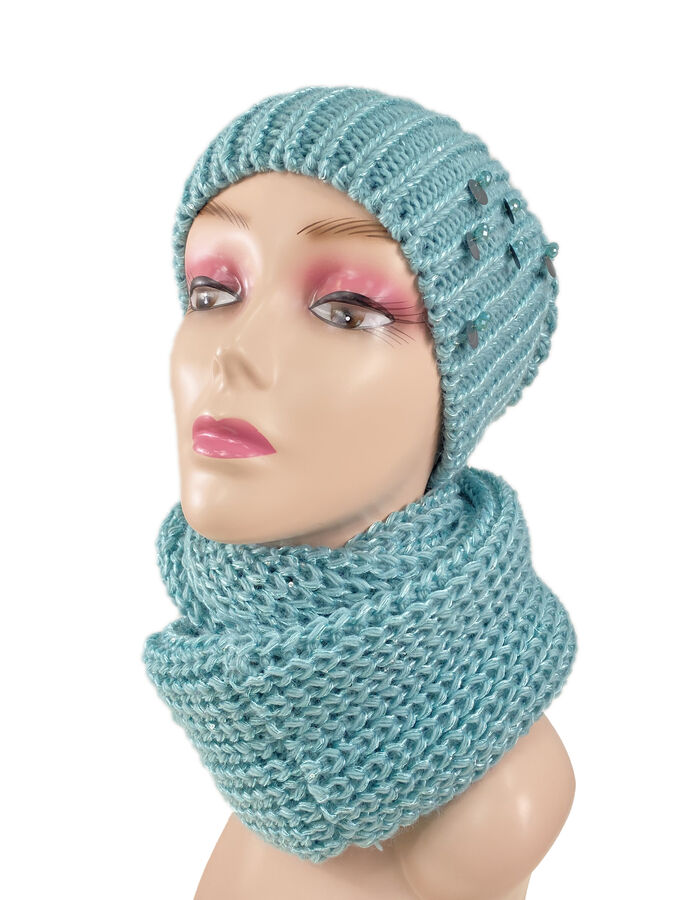 Комплект женская шапка и шарф, цвет бирюзовый