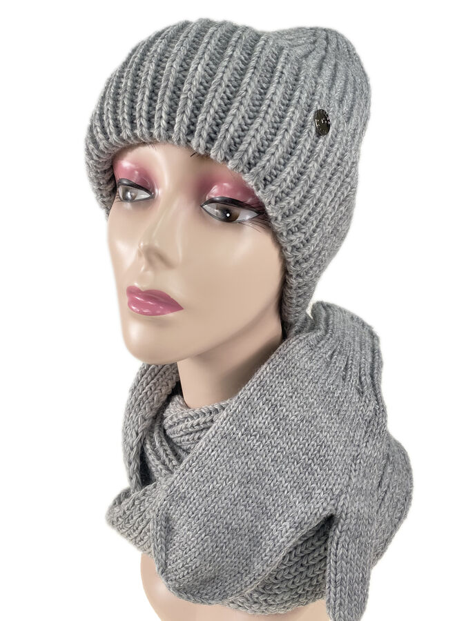 Комплект шапка женская, шарф и варежки, цвет серый