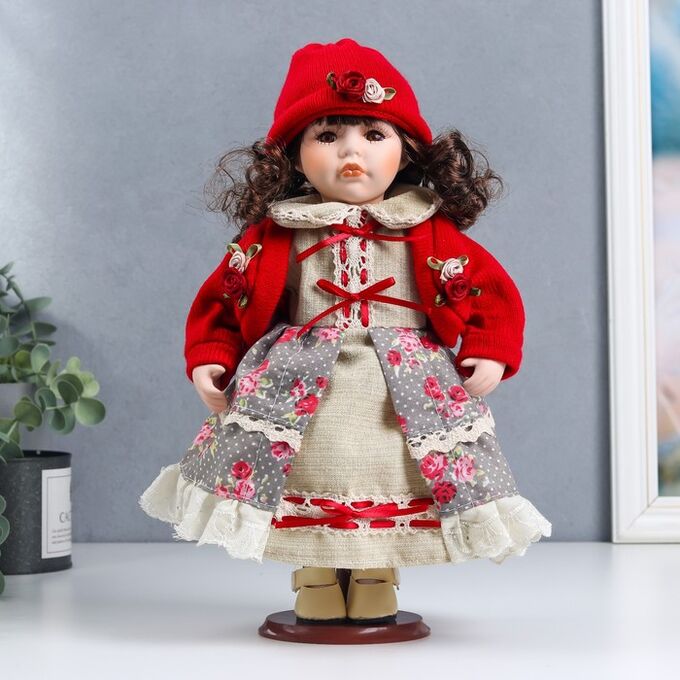 1 TOY Кукла коллекционная керамика &quot;Лиза в платье с цветами, в красном жакете&quot; 30 см