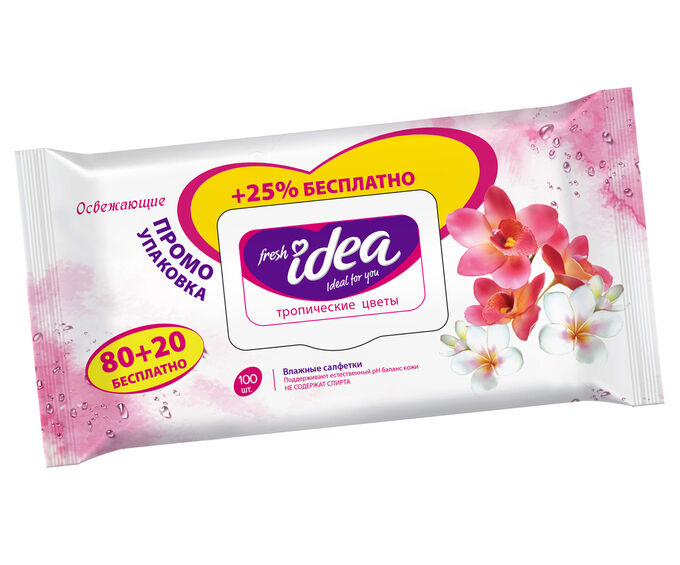 Fresh Idea ПРОМО Фреш Идея влажные салфетки Тропические цветы 100шт. уп. с крышкой