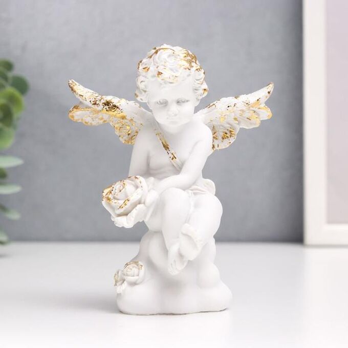 Сувенир полистоун &quot;Белоснежный ангел, золотая патина на крыльях, с розами&quot; 12х9,7х6,8 см