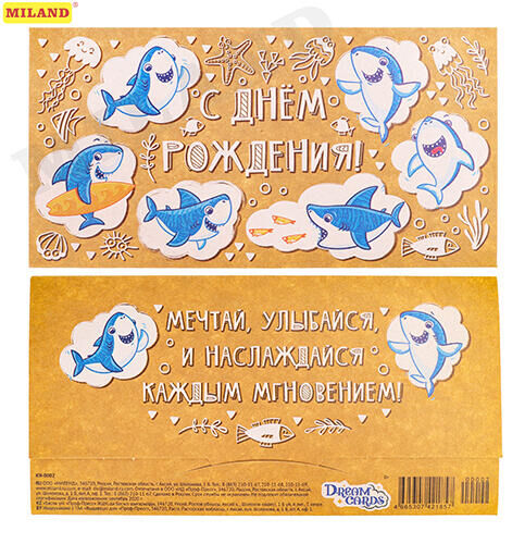 Dream Cards Конверты для денег С днем рождения (акулы)