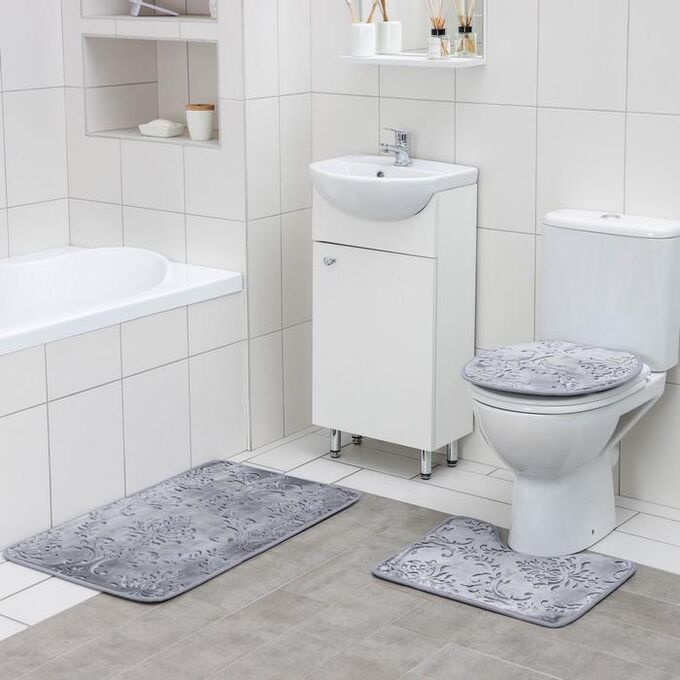 Набор ковриков для ванны и туалета  «Грация», 3 шт: 50?80, 50?40, 45?40 см, цвет серый