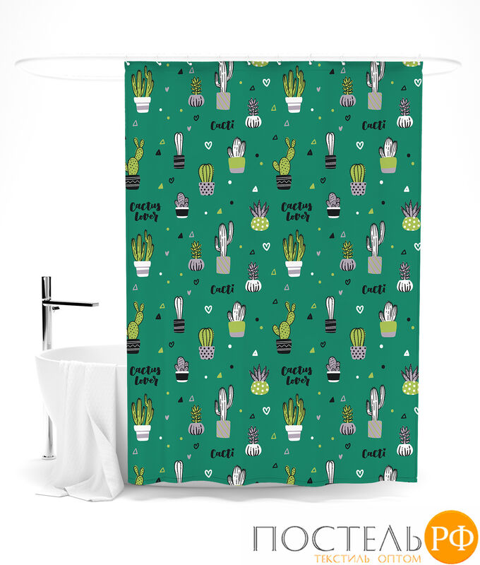 Сирень ШТОК056-15531 Шторка для ванной &quot;Цветущие кактусы на зеленом фоне&quot; оксфорд 145*180