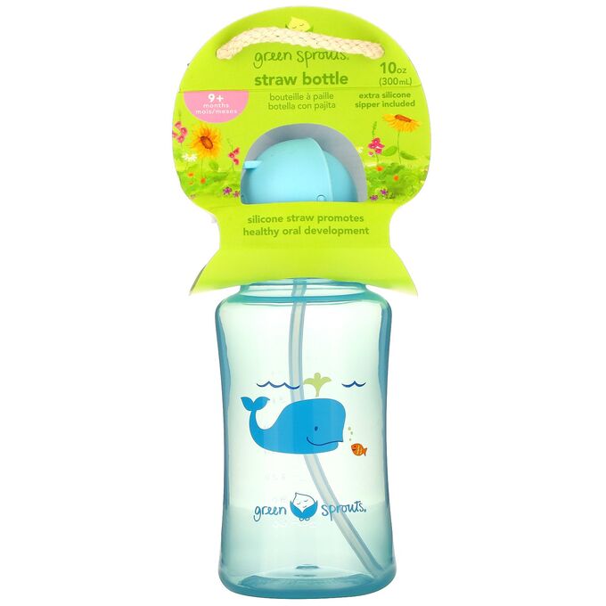 iherb Green Sprouts, Straw Bottle, 9+ Months, Aqua, 1 Count