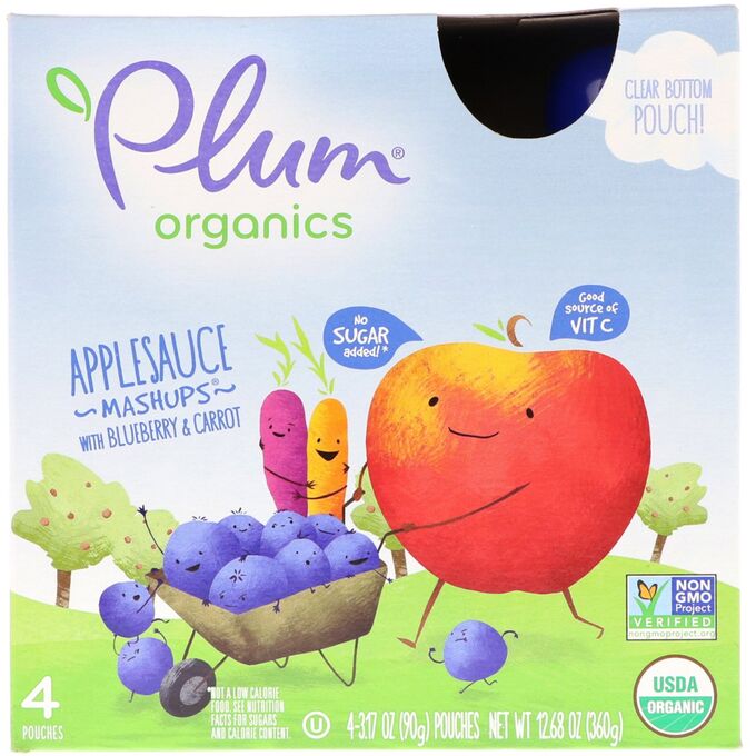 iherb Plum Organics, Органический продукт, аппетитная смесьмс черникой и морковью, 4 упаковки, 3,17 унц. (90 г) в каждой