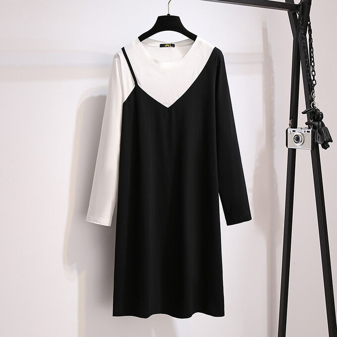Платье женское с имитацией многослойности ассиметричного дизайна с длинным рукавом, цвет черный/белый