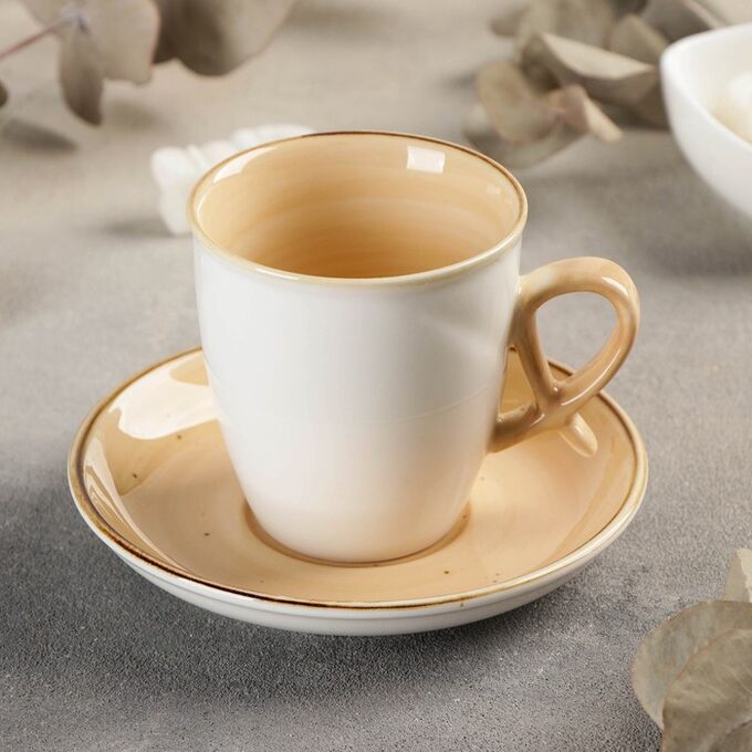 Чайная пара керамическая «Аура», чашка 200 мл, блюдце d=13 см, цвет бежевый