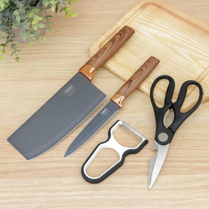 СИМА-ЛЕНД Набор Bobssen, 4 предмета: ножи 12,5 см, 20,5 см, ножницы, металлическая овощечистка
