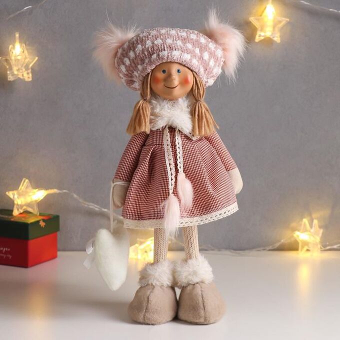 Кукла интерьерная &quot;Малышка с хвостиками, розовое платье в клетку и шапке, с сердцем&quot; 38,5 см   62601