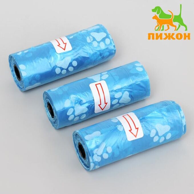 Пижон Пакеты для уборки за собаками с печатью (3 рулона по 15 пакетов 29х21 см), голубые