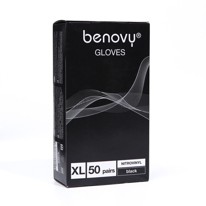 Benovi Перчатки Benovy Nitrovinyl нитровиниловые, гладкие, черные, размер XL, 50 пар в упаковке