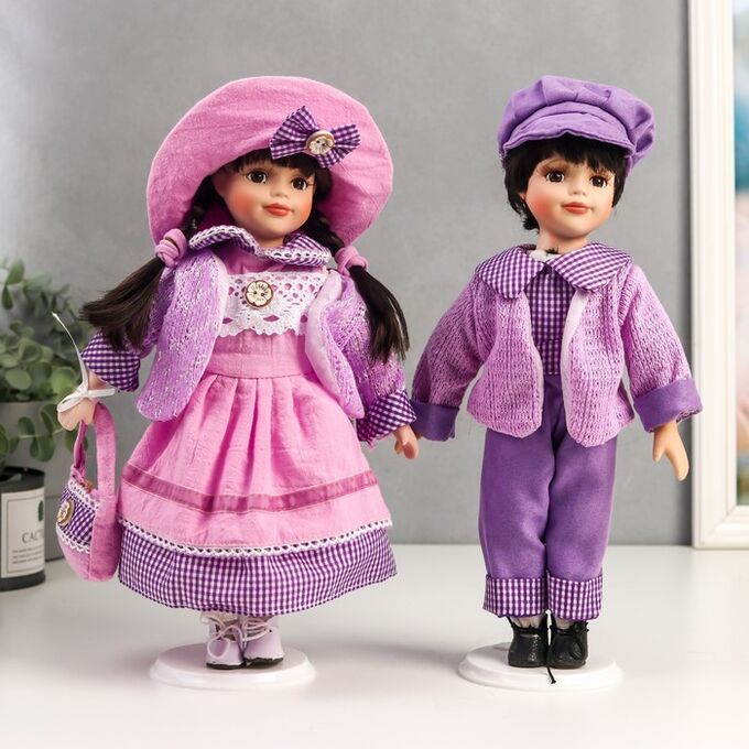 Кукла коллекционная парочка набор 2 шт &quot;Тася и Миша в сиреневых нарядах&quot; 30 см
