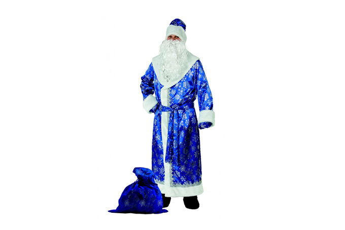 Костюм карнавальный Дед Мороз (шуба, шапка, пояс, варежки, борода, мешок) р. 54-56 синий сатин