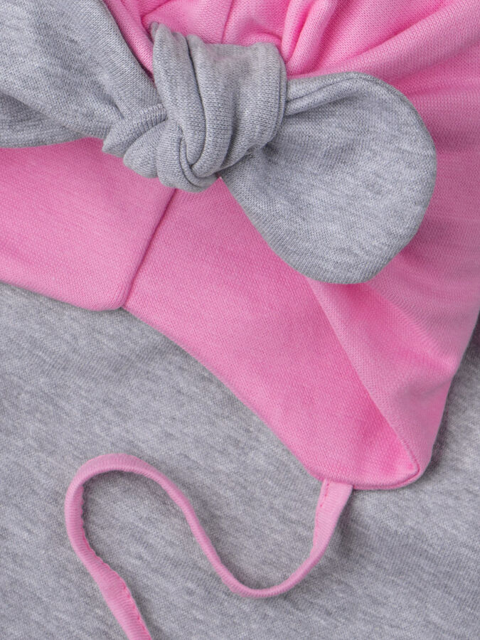 Чалма-тюрбан для девочки на завязках, серый бант + нагрудник, розовый