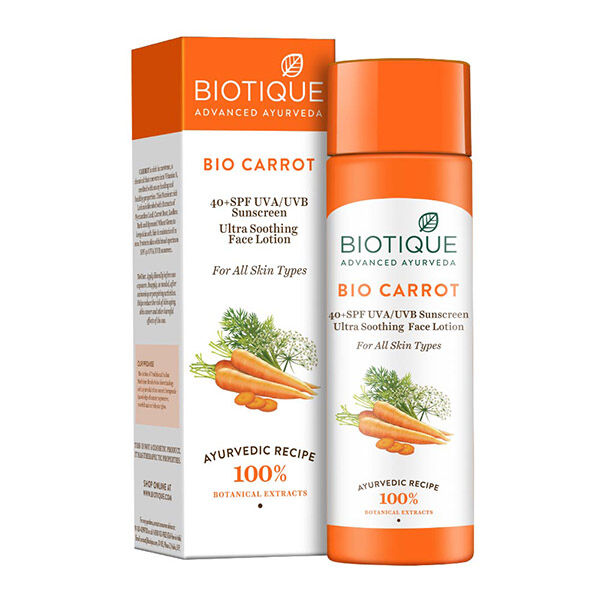 Biotique Bio Carrot 40+ SPF UVA/UVB Sunscreen Ultra Soothing Face Lotion 120ml Био Морковь Солнцезащитный Лосьон 40+ SPF для Лица и Тела, Для Всех Типов Кожи 120мл