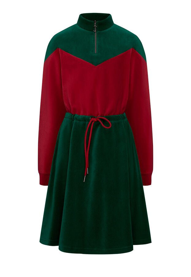 Платье для девочки двухцветное из велюра, тёмно-зелёное