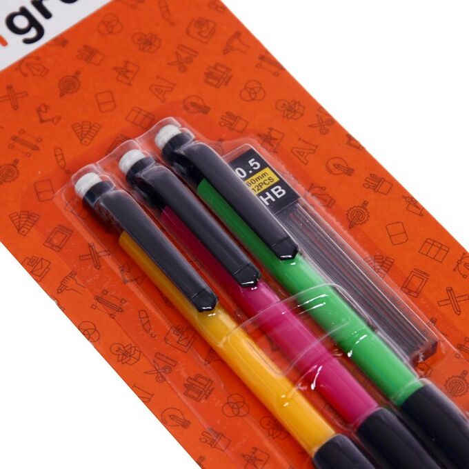Calligrata Набор карандашей автоматических 0,5 мм 3 штуки+грифели 0,5мм+3 шт., ластиков
