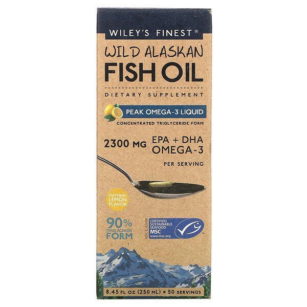 Wiley&#039;s Finest, рыбий жир из дикой рыбы Аляски, жидкий, с максимальным содержанием омега-3, натуральный лимонный вкус, 250 мл (8,45 жидк. унции)