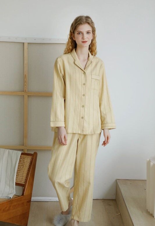 Женская пижама (рубашка+штаны) в полоску, цвет желтый