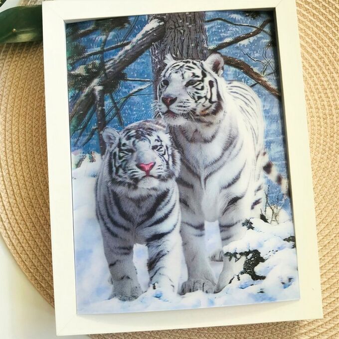 3Д картинка &quot;Два белых тигра&quot; 14,5 х 19,5 см х Т-0014, голографическая открытка с изображением белых тигров, без рамки