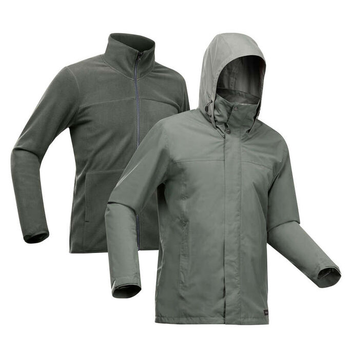 Куртка 3 в 1 непромокаемая для походов - TRAVEL 100 0°C мужская хаки