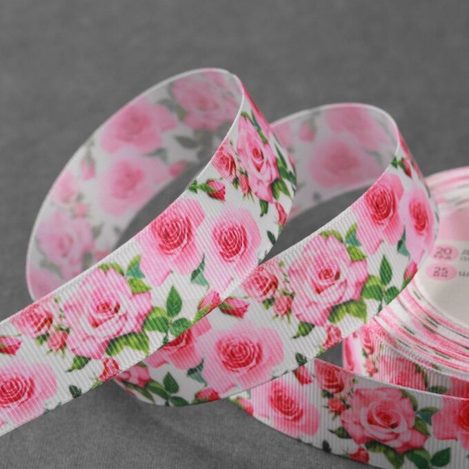 Арт Узор Лента репсовая «Розы», 25 мм, 18 ± 1 м, цвет белый/розовый