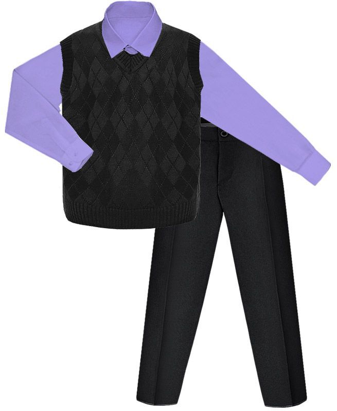 Радуга дети Школьный комплект для мальчика с сиреневой рубашкой, черным вязаным жилетом и брюками