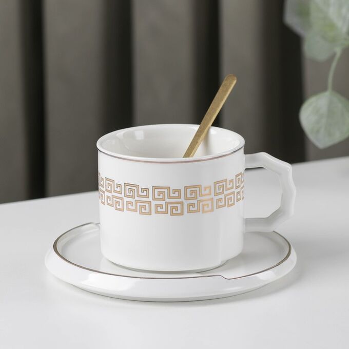 Чайная пара с ложкой «Орнамент», чашка 8*6 см, 220 мл, блюдце, цвет МИКС