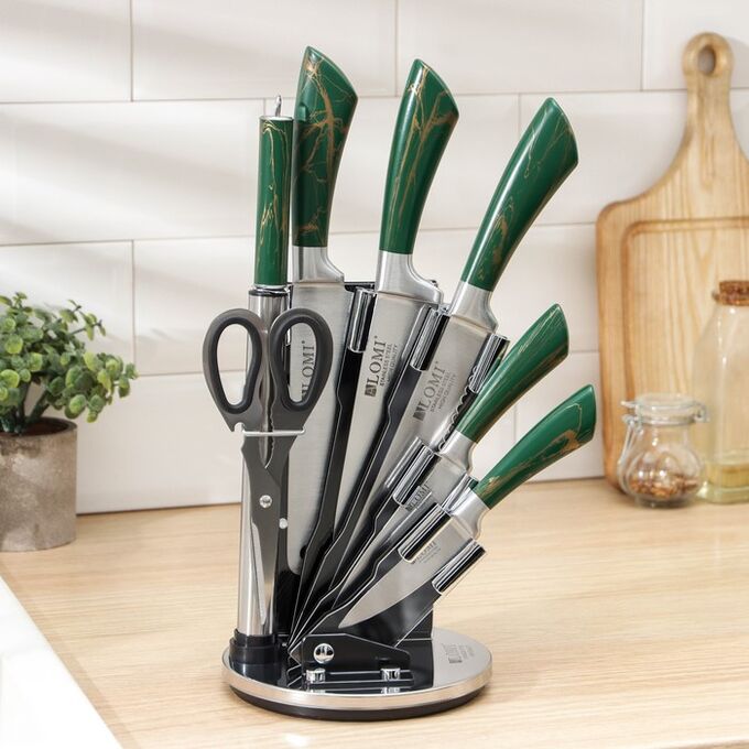 СИМА-ЛЕНД Набор ножей на подставке «Молния», 5 шт, в комплекте с ножницами и мусатом, цвет зелёный