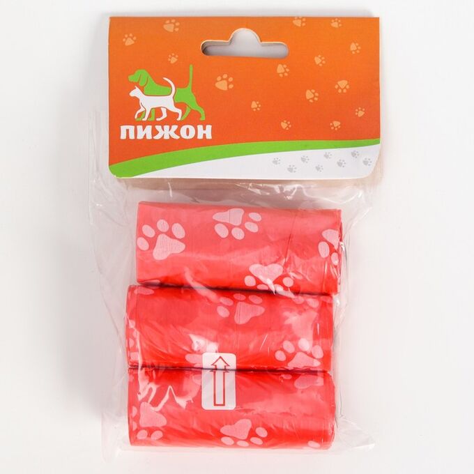 Пижон Пакеты для уборки за собаками с узором (3 рулона по 15 пакетов 29х21 см), красные