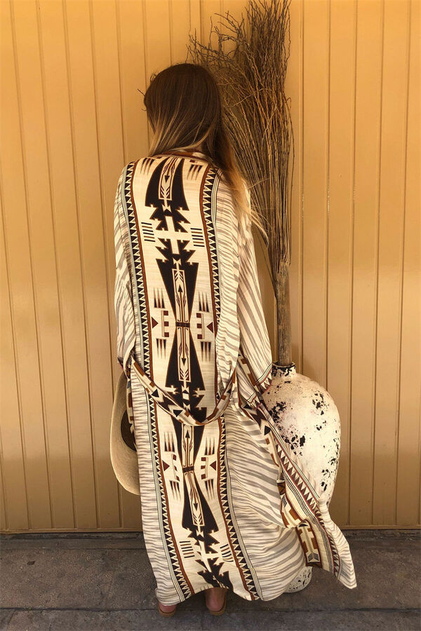 Женская накидка с принтом и длинными широкими рукавами, на поясе