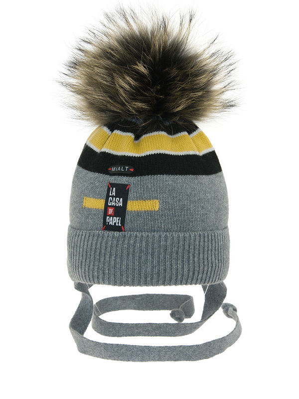 Зимняя шапка на утеплителе, с завязками, с отворотом, помпон из натурального меха на кнопке