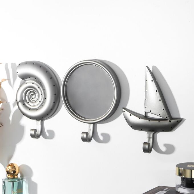 Крючки декоративные с зеркалом &quot;Корабль и ракушка&quot; набор 3 шт 18,5х37,5 см
