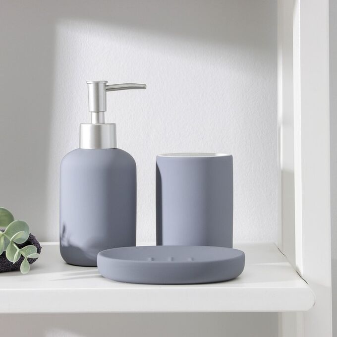 Набор аксессуаров для ванной комнаты Доляна «Барxат», 3 предмета (мыльница, дозатор для мыла, стакан), цвет серый