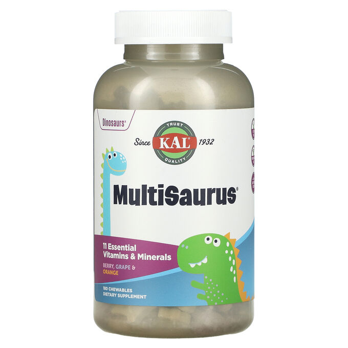 KAL, Dinosaurs, MultiSaurus, витамины и минералы, со вкусом ягод, винограда и апельсина, 180 жевательных таблеток