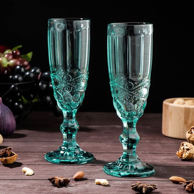Набор бокалов для шампанского Magistro «Ла-Манш», 160 мл, 7x20 см, 2 шт, цвет бирюзовый