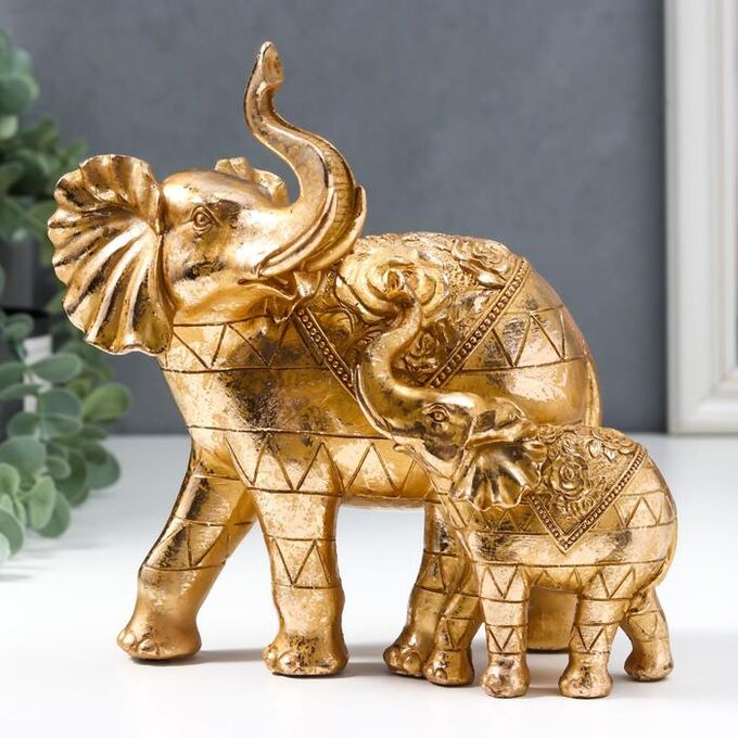 Сувенир полистоун &quot;Слон со слонёнком с розами на попоне&quot; золотой 19,5х10х19 см