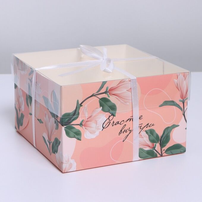 Коробка на 4 капкейка «Счастье внутри», 16 х 16 х 10 см