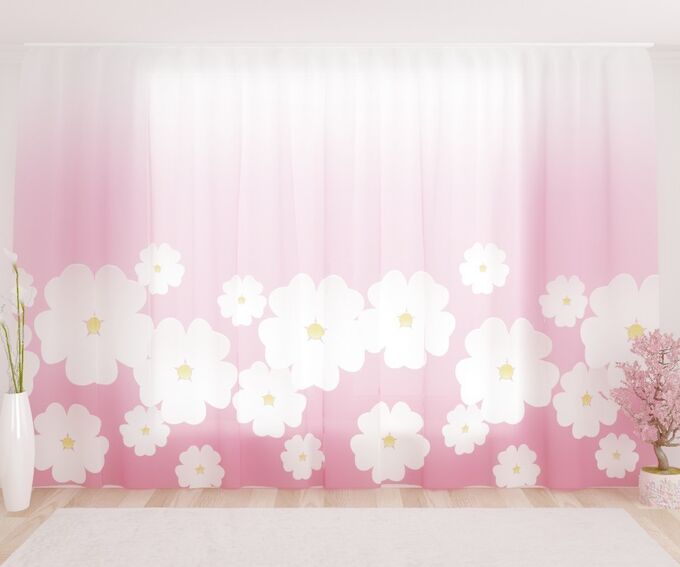 Фототюль Белые цветы сакуры на розовом фоне 1