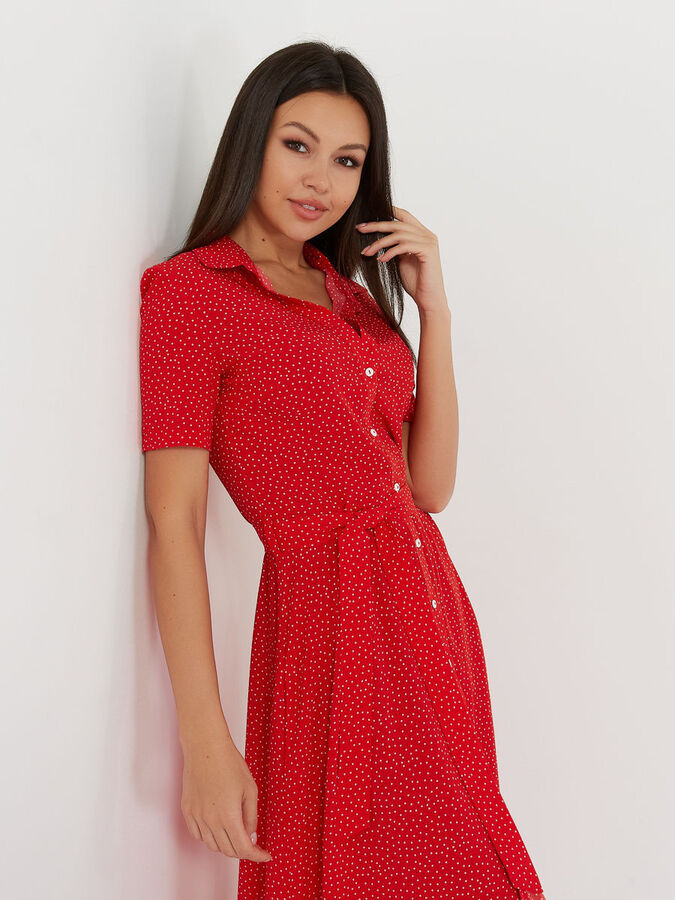 LONG SHIRT Платье-рубашка красный, белый (мелкий горох)