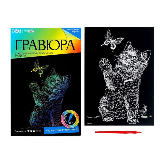 Школа талантов Гравюра «Котёнок с бабочкой» с эффектом голография