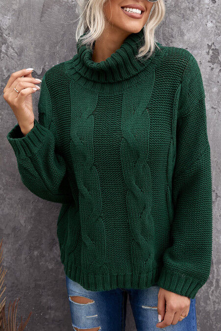 Зеленый вязаный свитер ручной работы с воротником под горло