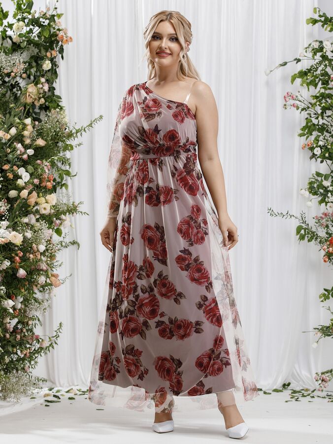 Платье Plus Size с цветочным принтом на одно плечо