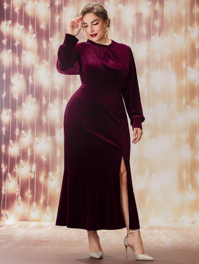 SheIn Plus Size Облегающее платье с рукавами-фонариками с разрезом с подолом русалки из бархата