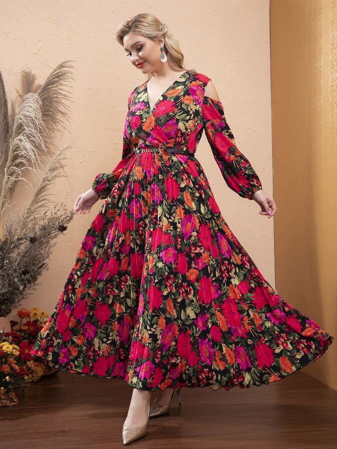 SheIn Плиссированное платье с поясом с цветочным принтом с открытыми плечами Plus Size