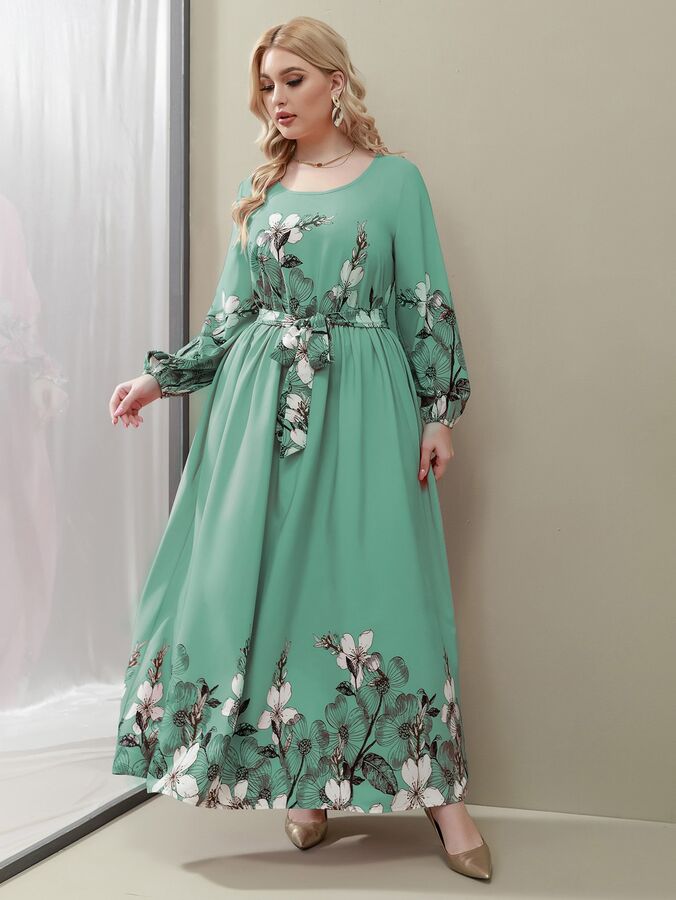 Plus Size Платье с поясом со случайным цветочным принтом с принтом